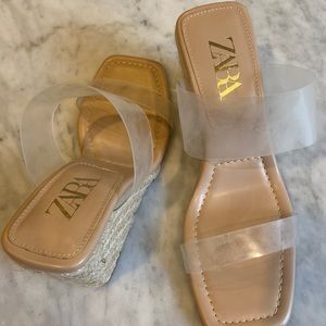 EUC Zara wedge sandals with two clear straps across front